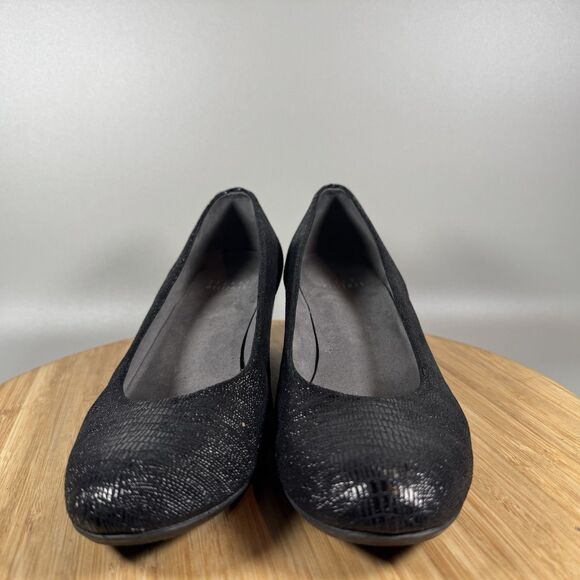 S‎ Stuart Weitzman Black Leather Wedge Heel Slip On Womens Size 7.5 Spain - Picture 2 of 8